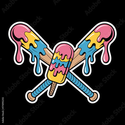 colorful baseball ice cream pop drip crossed bats sport player cute graphic cool design