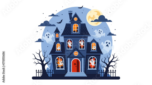 Spooky Night: A whimsical illustration of a haunted house under a full moon, perfect for Halloween. A spooky house with bats, ghost and full moon .