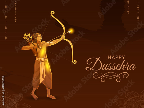 Illustration of Golden Lord Rama with bow and quiver and Ravan for Dussehra festival template