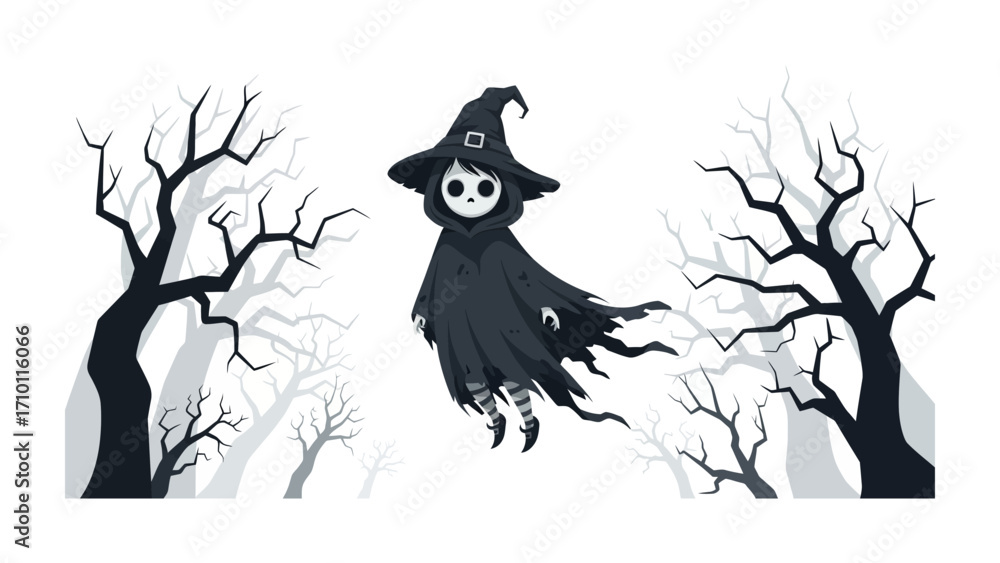 Fototapeta premium Spooky Witch in a Gloomy Forest: A whimsical witch in an oversized hat and flowing cloak floats gracefully through a spooky forest. Capturing the essence of Halloween. 