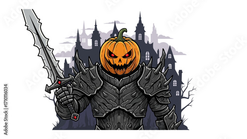 Halloween's Enforcer: A formidable figure embodies the spirit of Halloween, a menacing pumpkin-headed warrior with a glistening sword and dark, menacing armor stands before a haunted castle.