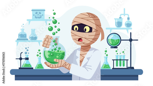 Mummy Scientist Experiment: An intriguing illustration of a mummy-dressed scientist, engrossed in a chemistry experiment, bubbles with anticipation.
