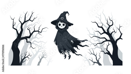 Spooky Witch in a Gloomy Forest: A whimsical witch in an oversized hat and flowing cloak floats gracefully through a spooky forest. Capturing the essence of Halloween. 