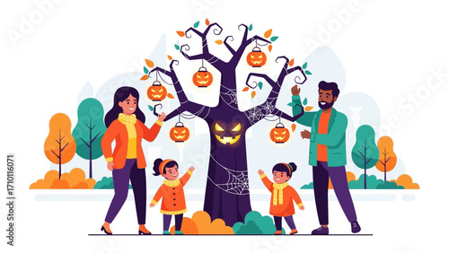 Spooky Halloween with Family: A vibrant illustration depicting a family gathered around a creatively adorned spooky tree, embodying the spirit of Halloween.