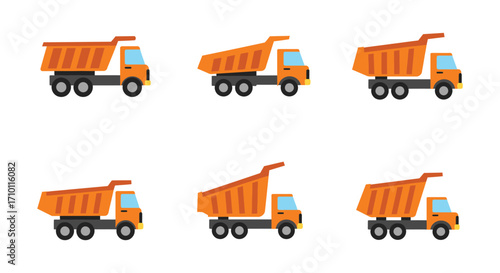 A collection of orange dump trucks presented in a repeating pattern