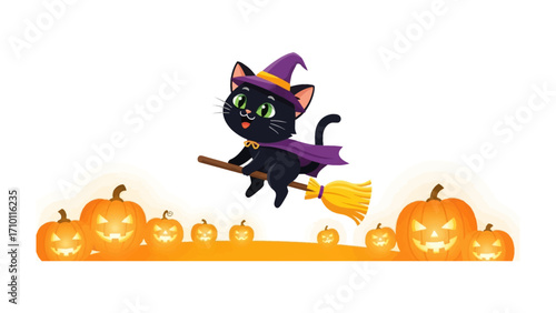 Whimsical Halloween Witch Cat: A spirited black cat, clad in a witch's hat and cape, merrily flies upon a broom, escorted by glowing pumpkins in a magical, celebratory scene.