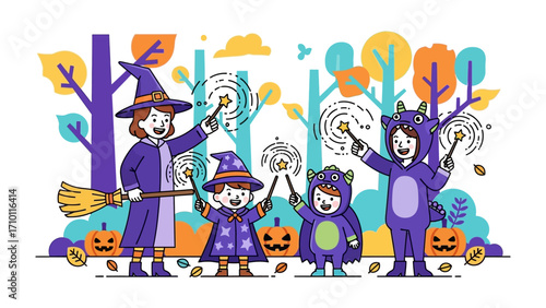 Whimsical Halloween Spell: A quartet of children, clad in enchanting costumes, conjures magical spells amidst a whimsical forest setting with animated charm. 