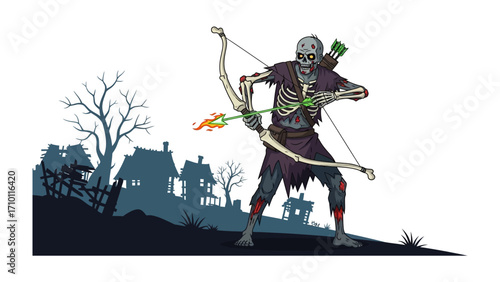 Undead Archer's Aim: An ominous illustration of an undead archer, meticulously preparing to unleash a flaming arrow. This piece encapsulates an eerie blend of fantasy and macabre.