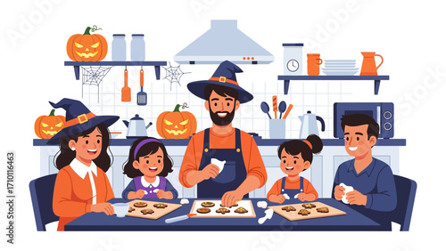 Halloween Cookie Baking: A family comes together, adorned in costumes, baking Halloween cookies in a cozy kitchen setting. The scene radiates festive joy.