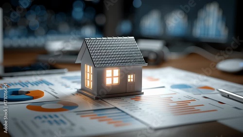 Refinance concept ,Glowing home outline house model real estate finance mortgage market chart mini house investment growth data