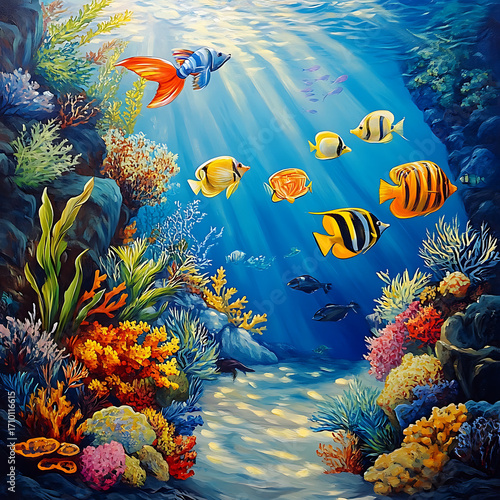 Marine underwater scene with colorful fish and reef corals high resolution picture