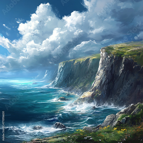Misty horizon over ocean rocks and green headlands high resolution picture
