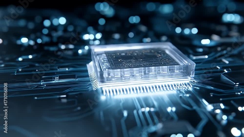 Close up of a computer chip on a circuit board with blue lights and blurred background