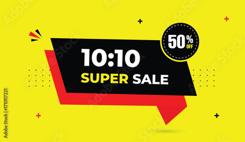 10 to 10 super sale editable web banner vector art template design with black red white shapes yellow abstract background fifty percent off creative graphic layout modern promotional artwork