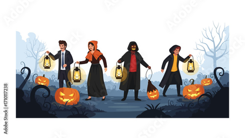 Spooky Halloween Gathering: A whimsical illustration capturing a group of costumed people walking through a mystical landscape, lanterns casting an eerie glow.