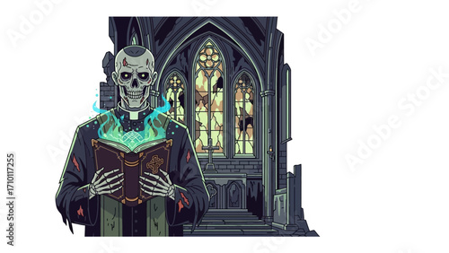 Spooky Skeleton in Church: An eerie skeleton, dressed in traditional religious attire, clutches a worn book while standing before stained-glass windows in a dilapidated church.