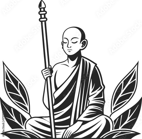 Illustration of a monk meditating with a staff in his hand vector art