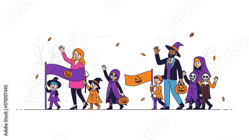 Halloween Procession: An inclusive and diverse Halloween parade of kids walking happily, led by a group of adult figures, all immersed in the celebratory spirit.