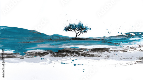 Watercolor painting of a single tree standing alone in a vast open landscape.