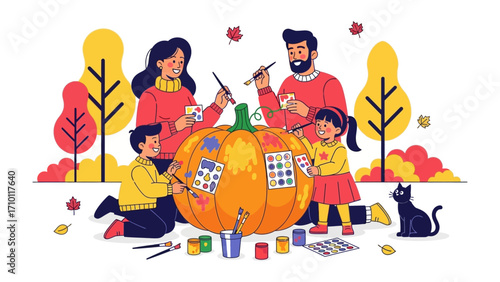 Family Autumn Craft: A heartwarming autumn scene unfolds as a family gathers to paint a vibrant pumpkin, showcasing unity, creativity, and seasonal joy in a charming illustration.