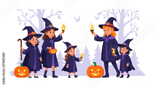 Witch Gathering at Halloween: A charming illustration of witches gathers, their faces illuminated by the flickering light of torches in a playful and whimsical scene.