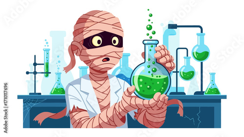 Mummy Scientist and Chemical Experiment: An imaginative illustration portrays a mummy scientist engrossed in a vibrant chemical experiment, blending the worlds of ancient history and modern science