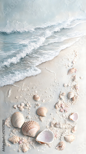 Morning light shining on seashells at coastal beach high resolution picture