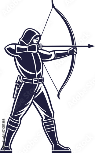 Vector art of archer with bow and arrow aiming at target in a dark blue color vector illustration