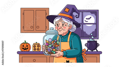 Halloween witch holding candy: A charming illustration of a kindly witch preparing treats, holding a tray of colorful candies while wearing her iconic hat. It embodies the spirit of the season.