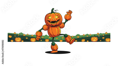Pumpkin Head's Spooky Stroll: Animated jack-o'-lantern figure, with glowing eyes and a jovial grin, strikes a pose amid a festive Halloween landscape, promising a night of eerie delight.