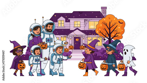 Halloween Trick-or-Treat: A heartwarming depiction of children dressed in festive costumes and parents during Halloween festivities, embarking on trick-or-treating.