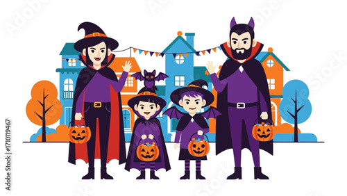 Family Halloween Scene: A family dressed in festive costumes, adorned with masks and holding pumpkin-shaped treat bags, embodies the spirit of Halloween.
