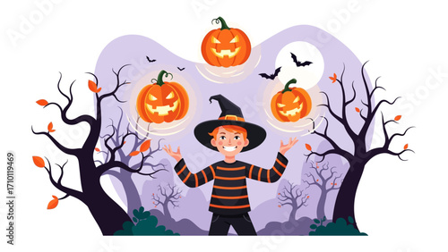 Enchanting Halloween Juggler: A cheerful young juggler, adorned in a witch hat, skillfully maneuvers glowing jack-o'-lanterns amidst a spooky Halloween forest.