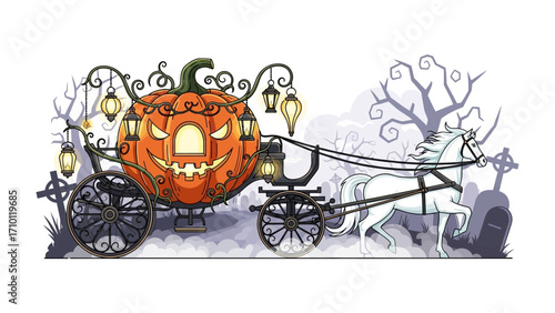 Enchanting Halloween Carriage: A whimsical pumpkin carriage, drawn by a ghostly white horse, traverses a moonlit graveyard, its glowing lanterns casting an eerie spell.