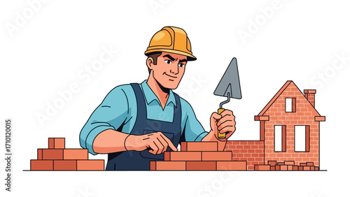 Construction Craftsmanship: A skilled bricklayer, clad in protective gear, meticulously lays bricks to build a sturdy structure, epitomizing hard work and architectural dedication.