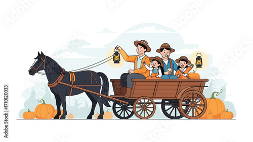 Harvest Ride Illustration: An illustration portrays a family's joyful journey on a horse-drawn carriage, brimming with pumpkins, capturing a sense of harvest season and rural charm.