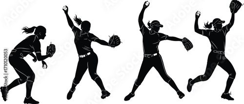 Female softball pitcher silhouette, throwing motion, team sport illustration, athletic woman in action, sportswear, isolated black vector design