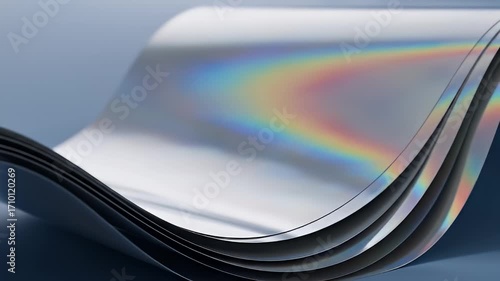 Abstract waves formed by shiny metal sheets; a blurred rainbow-like reflection above