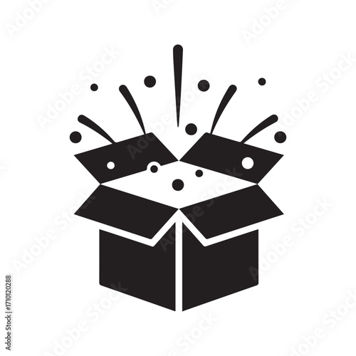 Open gift box surprise icon. Black silhouette vector for special present, package, or unboxing concept.
