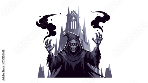 Spectral Dominion: An eerie illustration of a hooded figure with a skeletal face and outstretched hands, seemingly commanding dark smoke against the backdrop of a gothic cathedral.