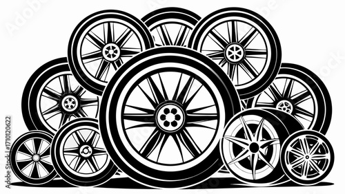 Vector art of a collection of various sized tires and wheels are stacked together in a pile