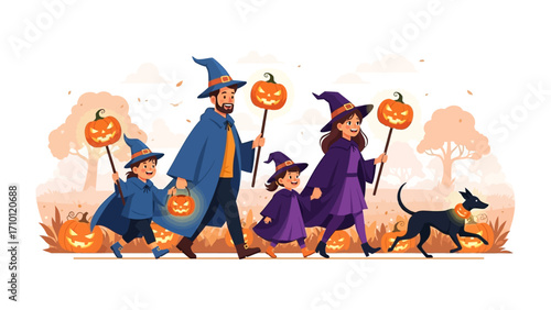 Happy Halloween Parade: An illustrated family dressed in festive costumes joyfully parades on Halloween. Holding illuminated pumpkin lanterns, spreading the spirit of the season with a dog.