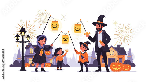Halloween Festivities: A family dressed in costumes is cheerfully celebrating the Halloween spirit. carrying glowing jack-o'-lanterns. Surrounded by whimsical decorations and festive fireworks.