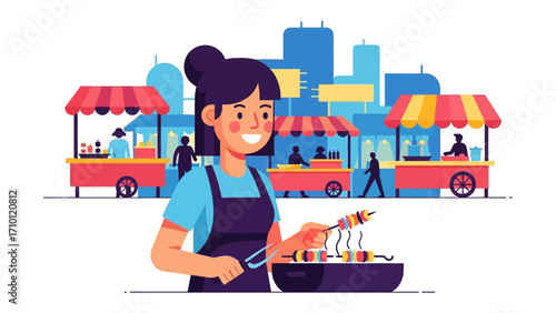 Culinary Creations: An animated street food vendor skillfully prepares skewers, surrounded by bustling food stalls and the energetic ambiance of a vibrant city.