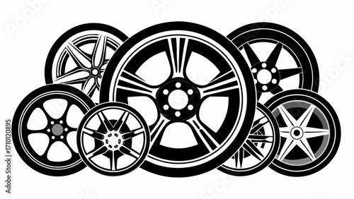 Vector art of collection of car wheels, featuring various designs and styles for automotive enthusiasts and industry professionals