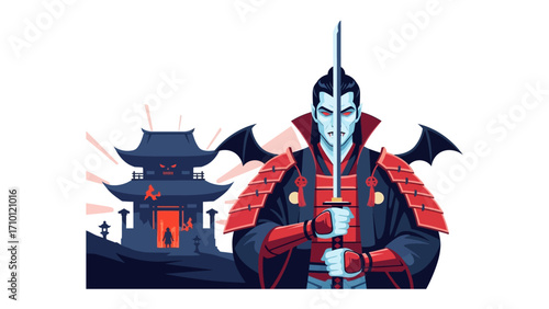Vampire Samurai in Japanese Temple: A stoic vampire samurai, clad in traditional armor and brandishing a katana, stands before an ornate Japanese temple.