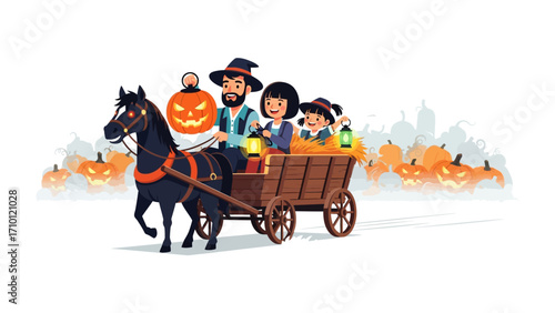 Halloween Family Ride: A charming, heartwarming illustration depicts a family on a festive Halloween wagon ride, led by a majestic horse through a vibrant landscape of glowing pumpkins.