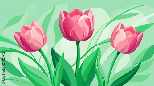 Wallpaper Mural Vector art of a charming trio of pink tulips with vibrant green leaves on a soft green backdrop, perfect for spring, easter, and floralthemed designs Torontodigital.ca