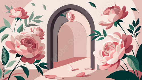 Vector art of elegant archway with blooming peonies in soft pink tones, creating a romantic and serene atmosphere in a minimalist illustration
