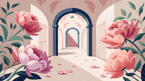 Vector art of a serene corridor adorned with blooming peonies, creating a tranquil and elegant atmosphere the soft colors and floral accents evoke a sense of peace
